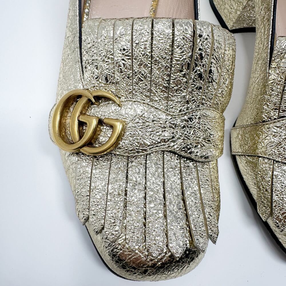 🆕 Gucci Galassia GG Platino Marmont Metallic Gold Block Loafers 37.5/7.5✨ - Picture 6 of 14